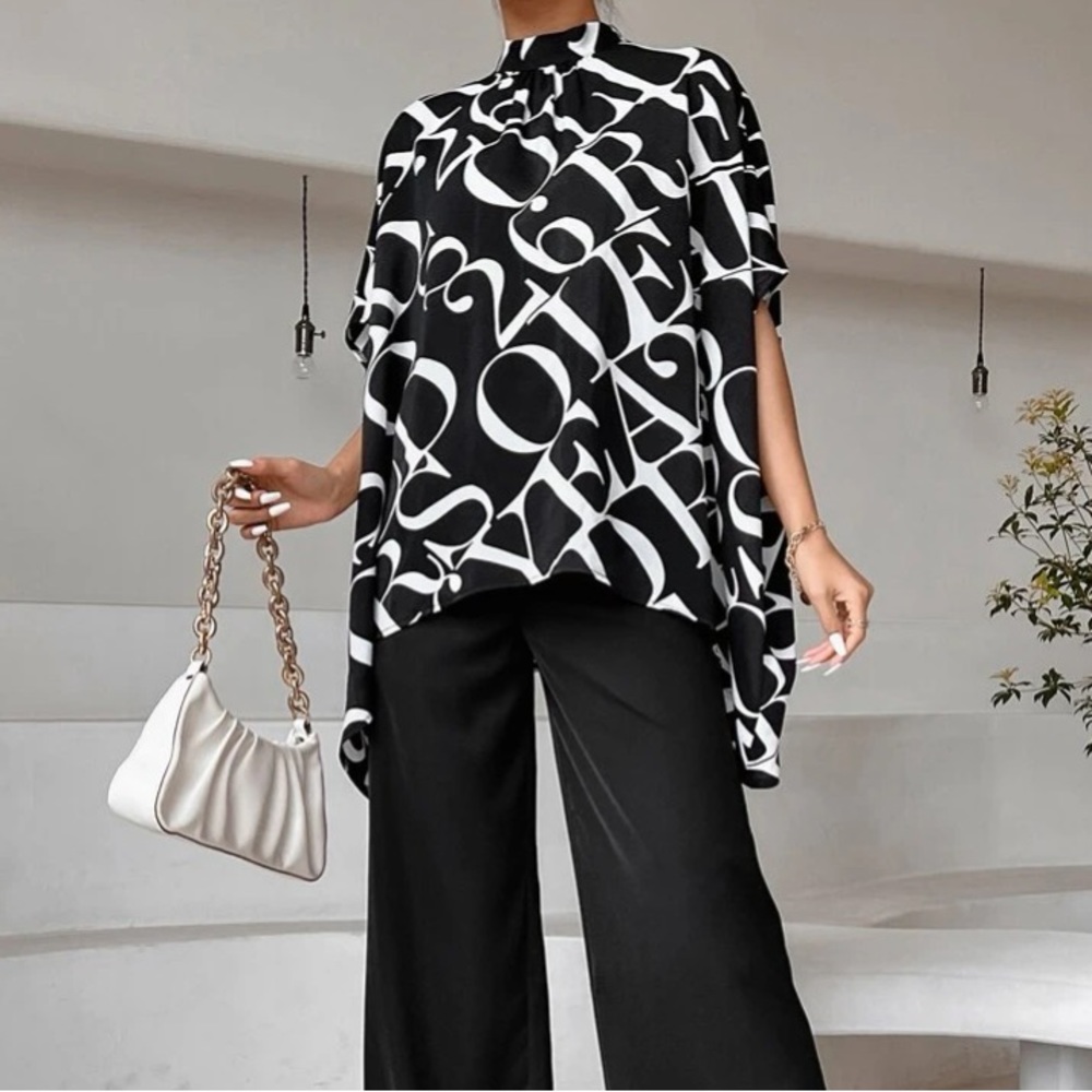 Dolman Sleeved Letter Print Designer Blouse. - Picture 5 of 14
